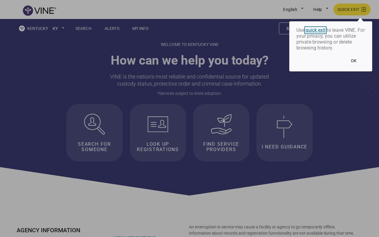 Kentucky-specific VINELink custody search entry page