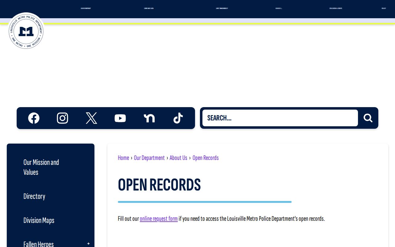 Louisville Metro Police Open Records page used to request arrest reports