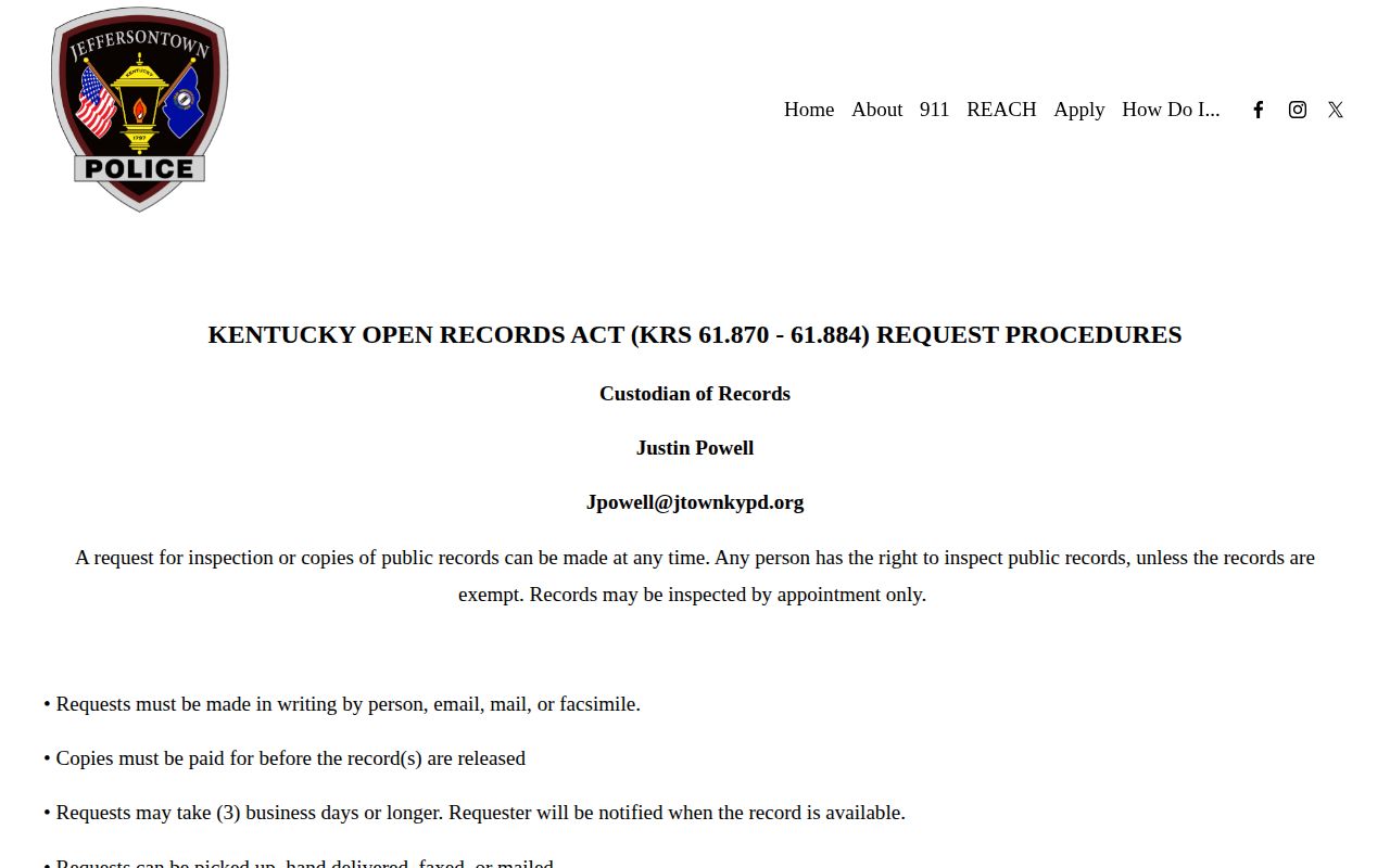 Jeffersontown Police Department open-records instructions and request details