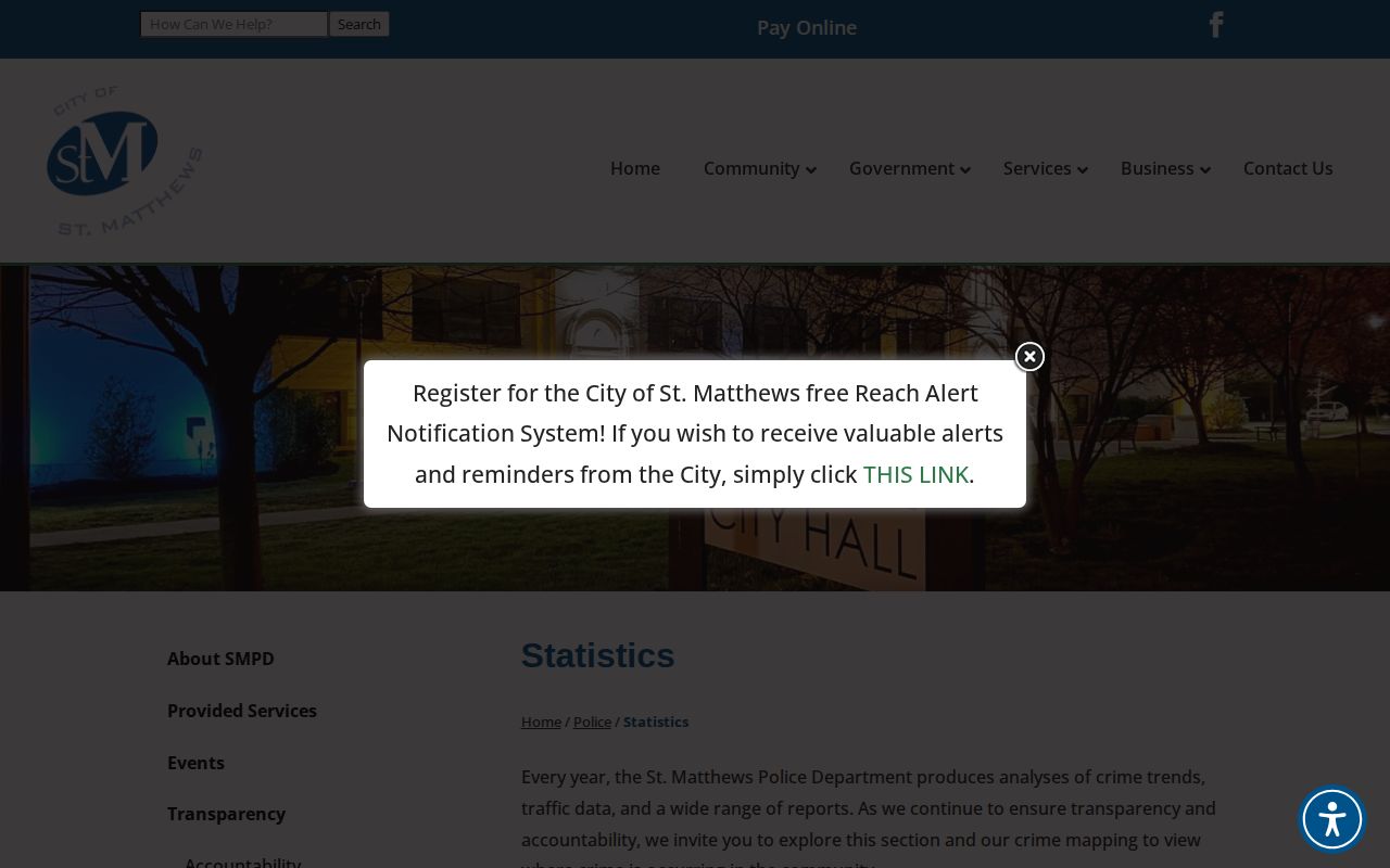 St. Matthews Police statistics page with annual reports and crime mapping